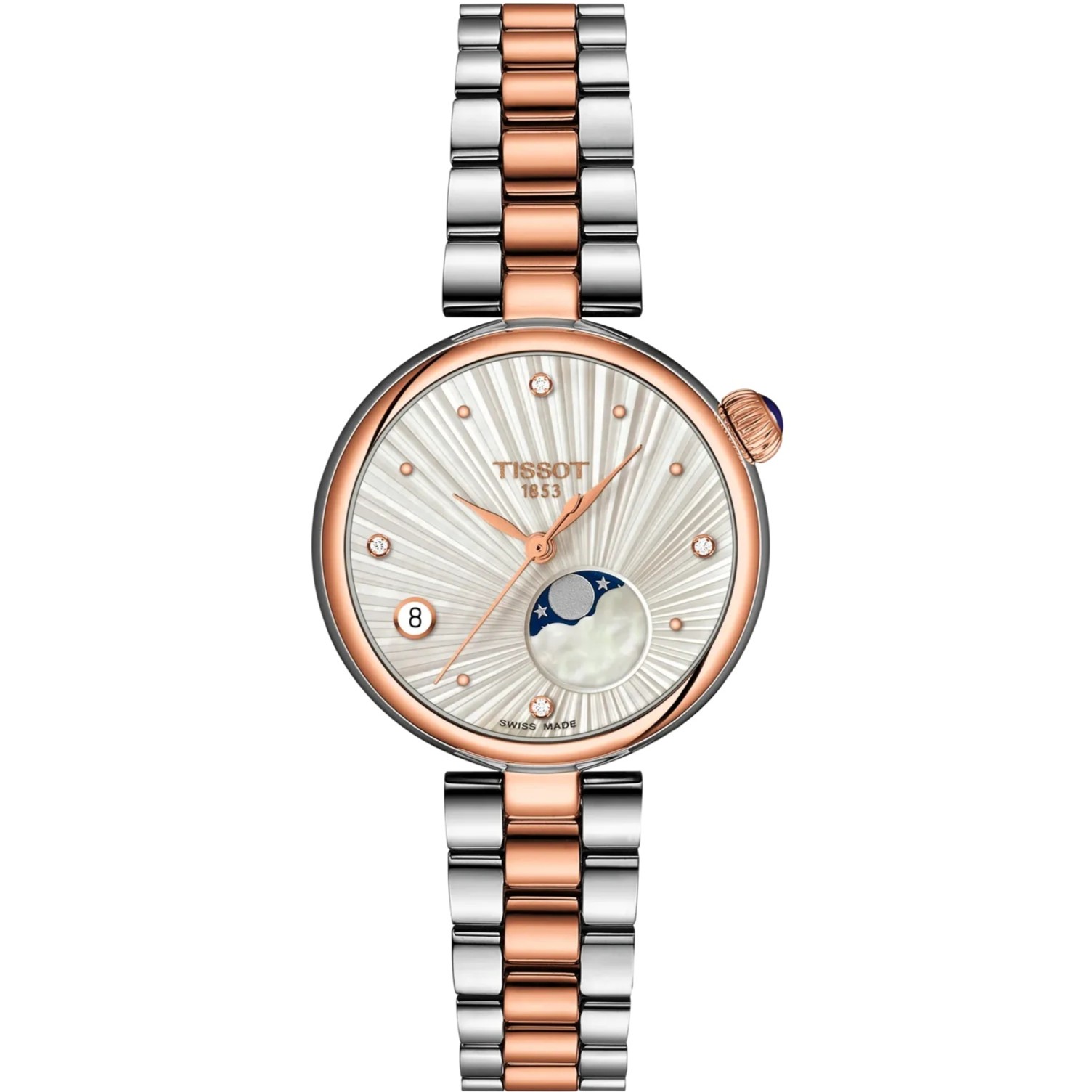 TISSOT Desir Moonphase White Pearl Dial with Diamonds 29.6mm Two Tone Rose Gold Stainless Steel Bracelet T152.223.22.036.00 - 