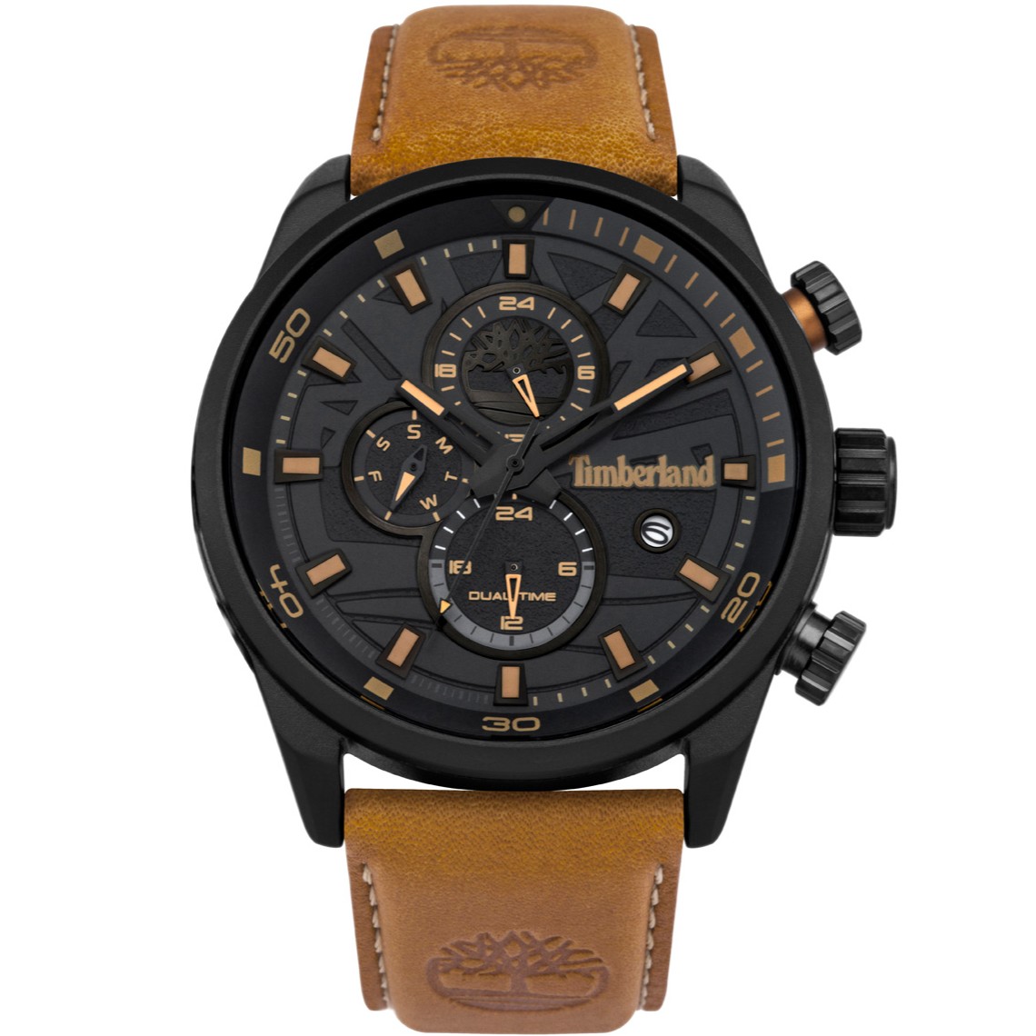 TIMBERLAND Henniker II Dual-Time Multifunction Black Dial 46mm Black Stainless Steel Brown Leather Strap TBL14816JLB02 - 