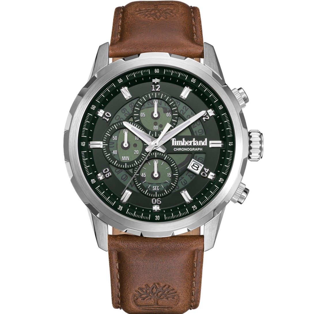 TIMBERLAND Hampton Harbour Chronograph Green Dial 46mm Silver Stainless Steel Brown Leather Strap TDWGC0109102 - 