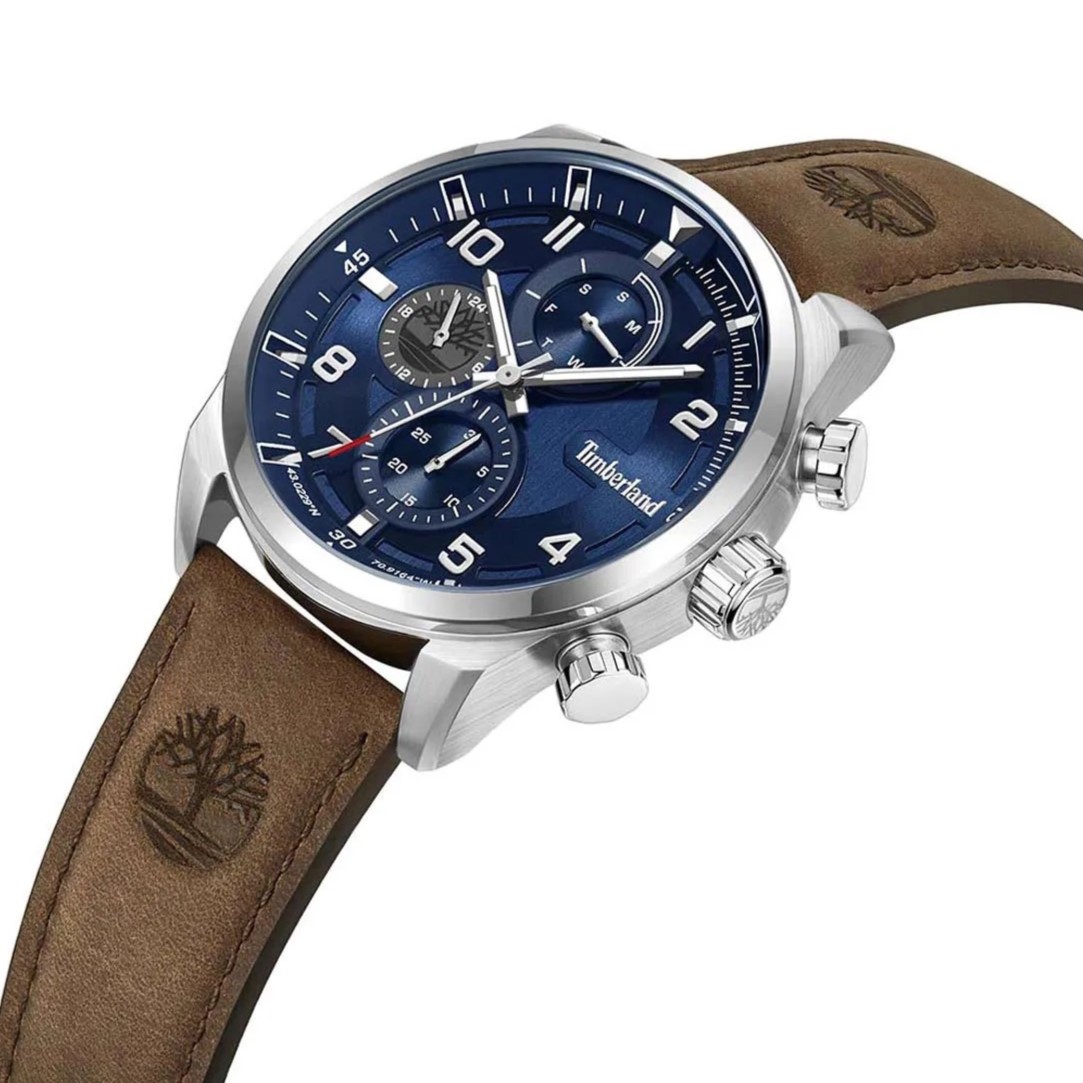 TIMBERLAND Henniker II Dual Time Blue Dial 46mm Silver Stainless Steel Brown Leather Strap TDWGF2201106M - 