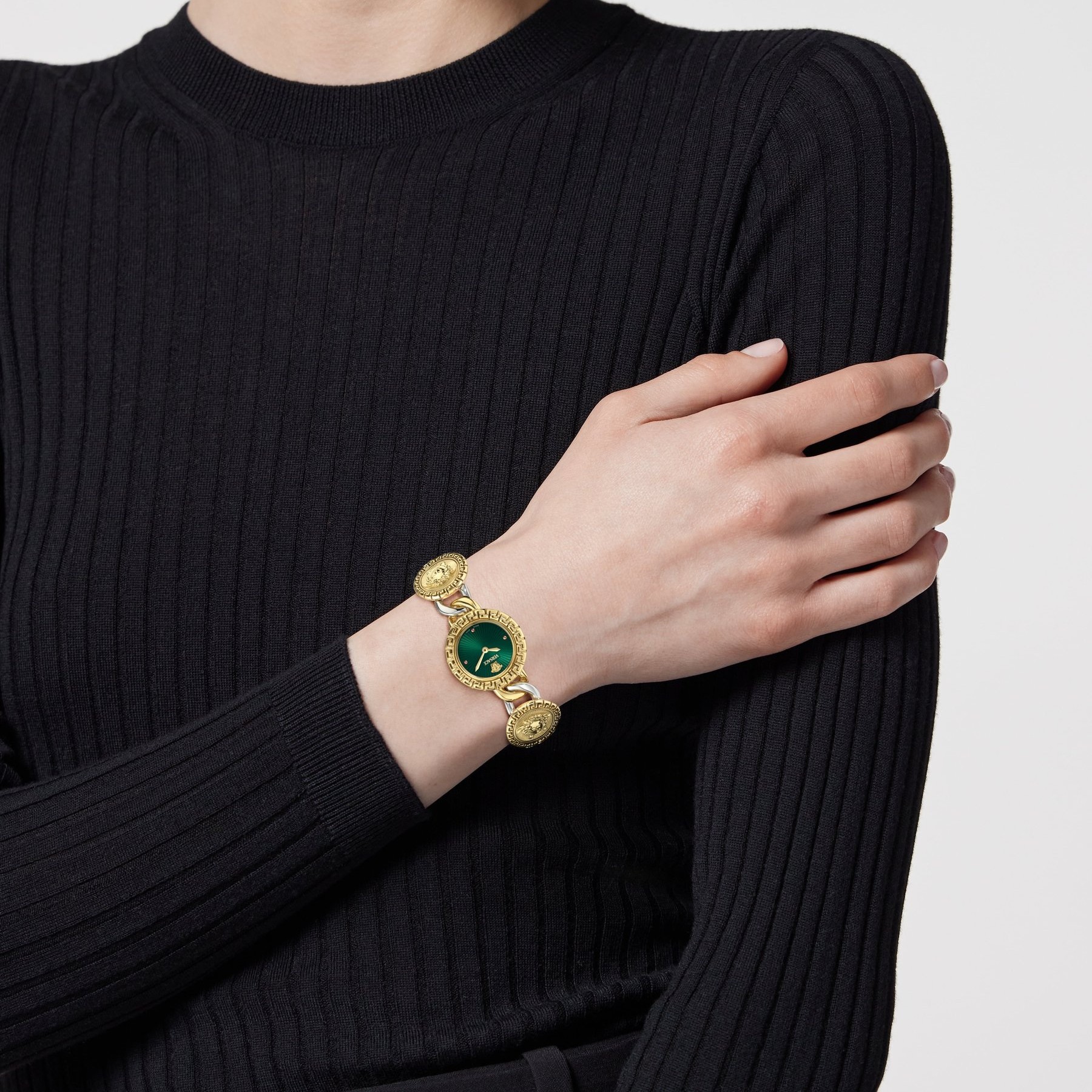 VERSACE Greca Stud Icon Green Dial 28mm Two Tone Gold Stainless Steel Bracelet VE0Q00125 - 