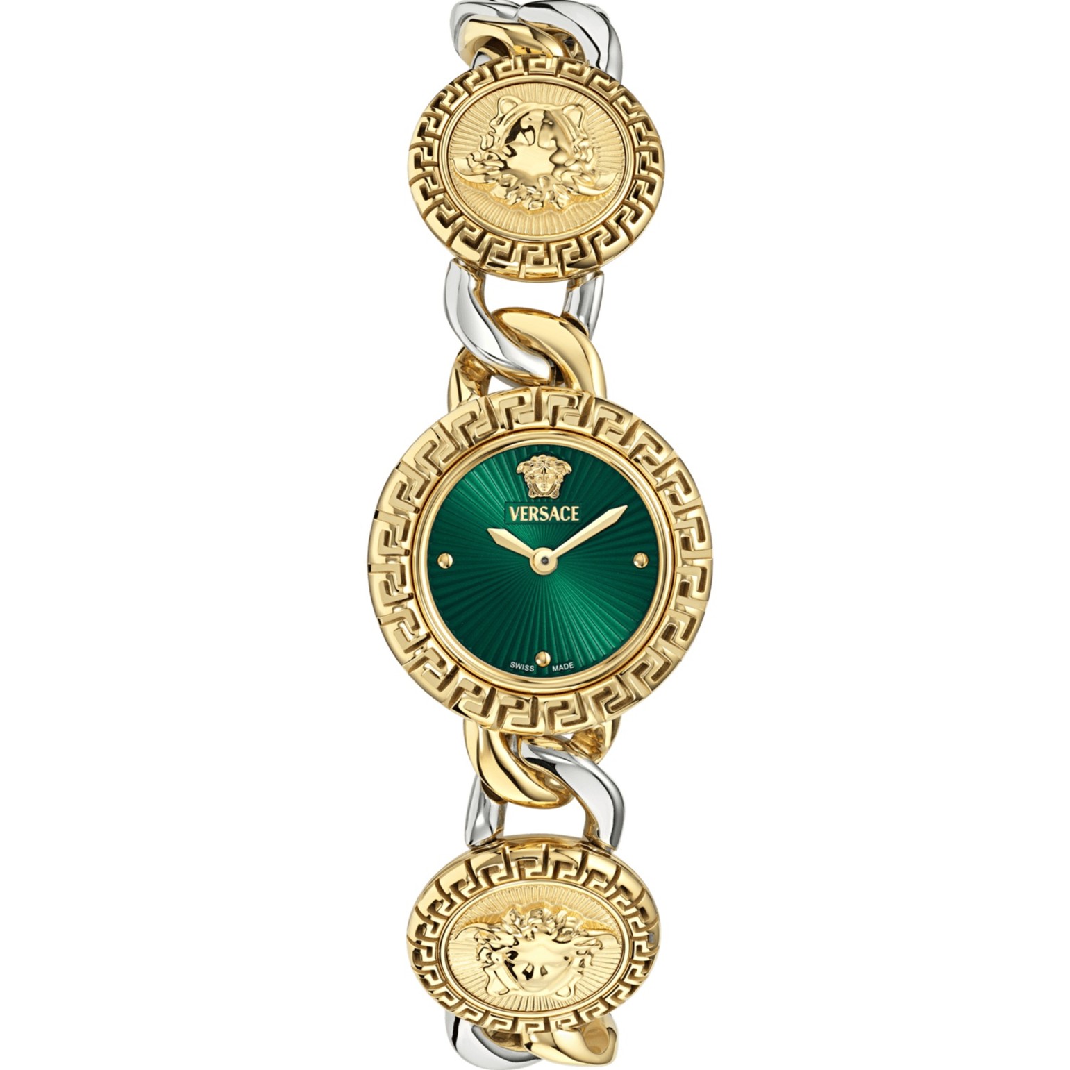 VERSACE Greca Stud Icon Green Dial 28mm Two Tone Gold Stainless Steel Bracelet VE0Q00125 - 