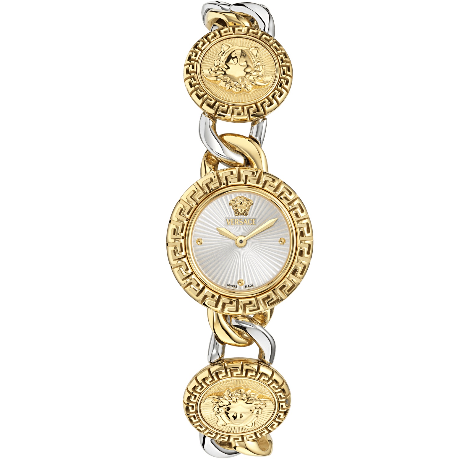 VERSACE Greca Stud Icon Silver Dial 28mm Two Tone Gold Stainless Steel Bracelet VE0Q00325 - 
