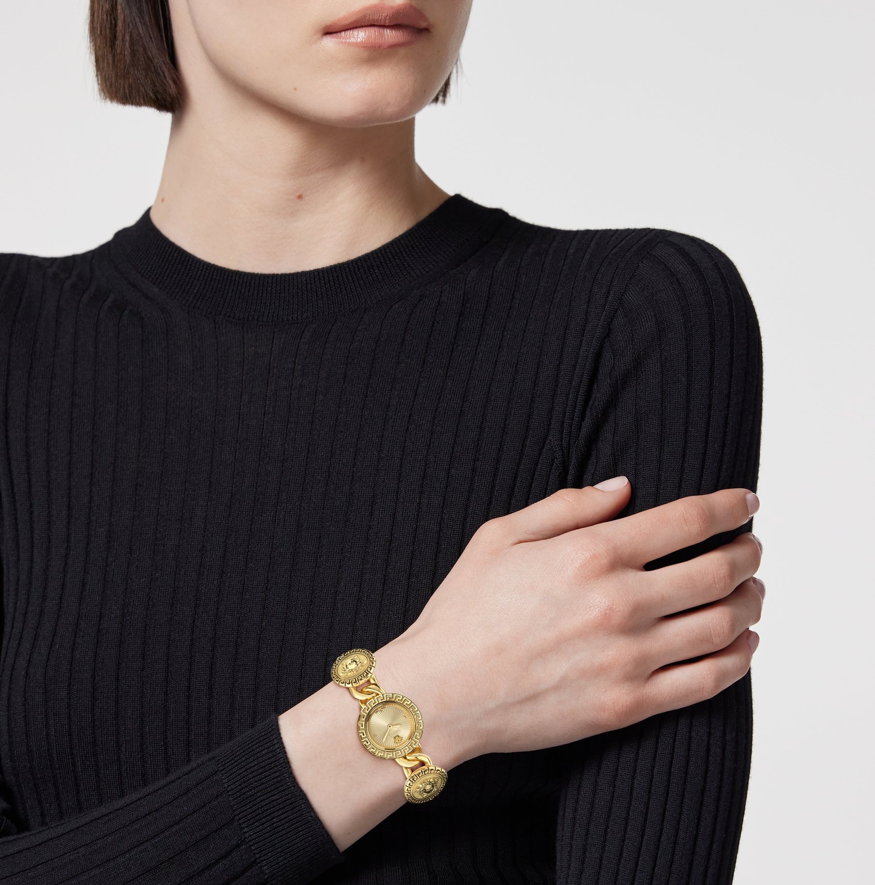 VERSACE Greca Stud Icon Gold Dial 28mm Gold Stainless Steel Bracelet VE0Q00425 - 