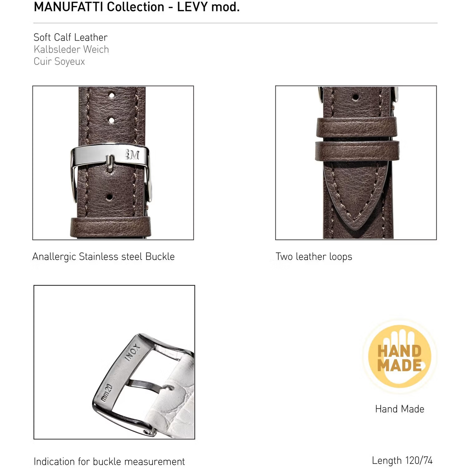 MORELLATO Levy Hand Made Watch Strap 20-18mm Brown Leather Silver Hardware A01X5045A61030CR20 - 4