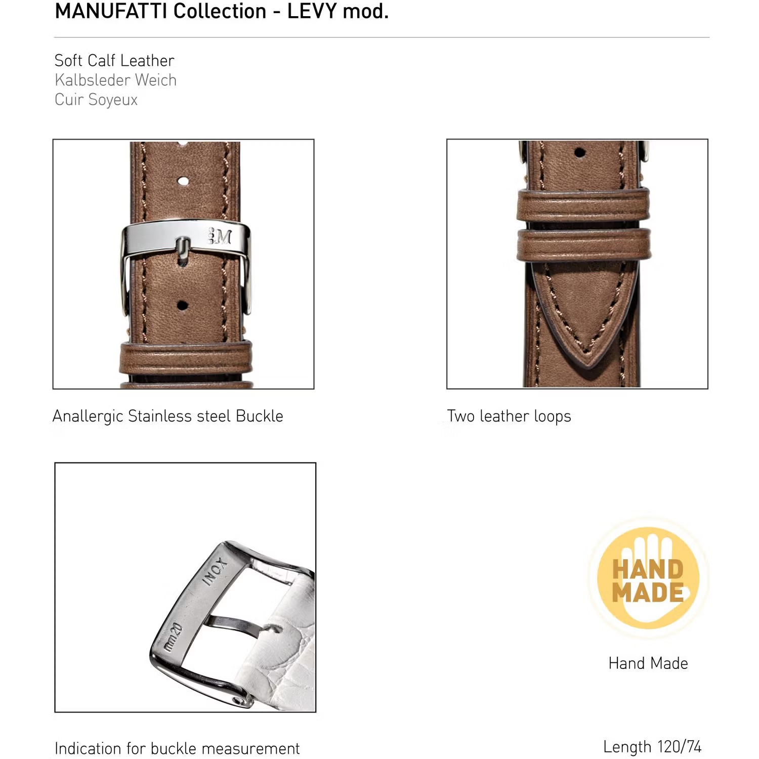MORELLATO Levy Hand Made Watch Strap 18-16mm Light Brown Leather Silver Hardware A01X5045A61034CR18 - 4