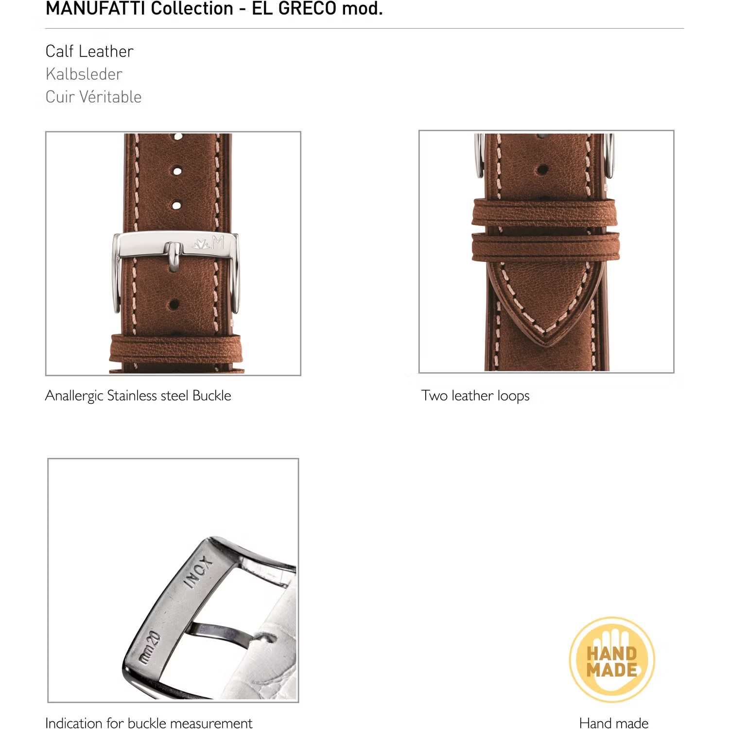 MORELLATO El Greco Hand Made Watch Strap 20-18mm Brown Leather Silver Hardware A01X5439B71041CR20 - 4