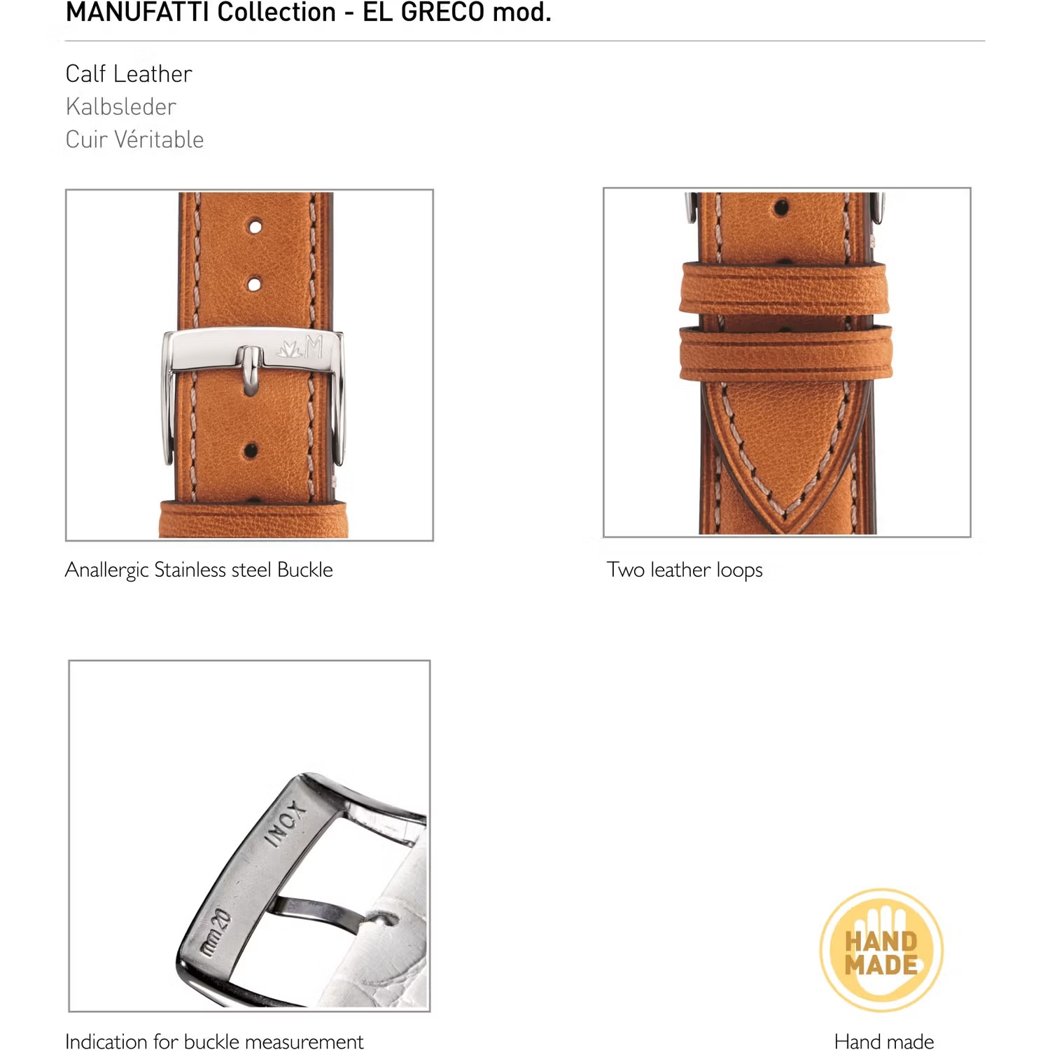 MORELLATO El Greco Hand Made Watch Strap 22-20mm Light Brown Leather Silver Hardware A01X5439B71046CR22 - 4