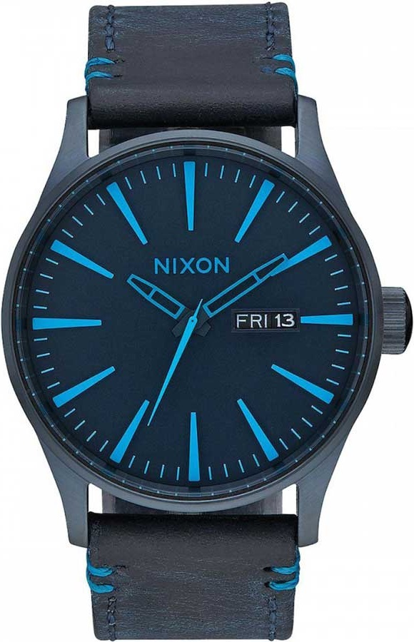 NIXON The Sentry Three Hands 42mm Gray Stainless Steel Blue Leather Strap A105-2244-00 - 