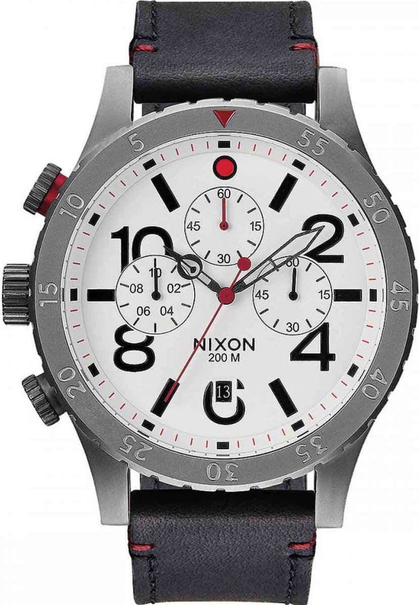 NIXON The 48-20 Chronograph 48mm Gray Stainless Black Leather Strap A363-486-00 - 