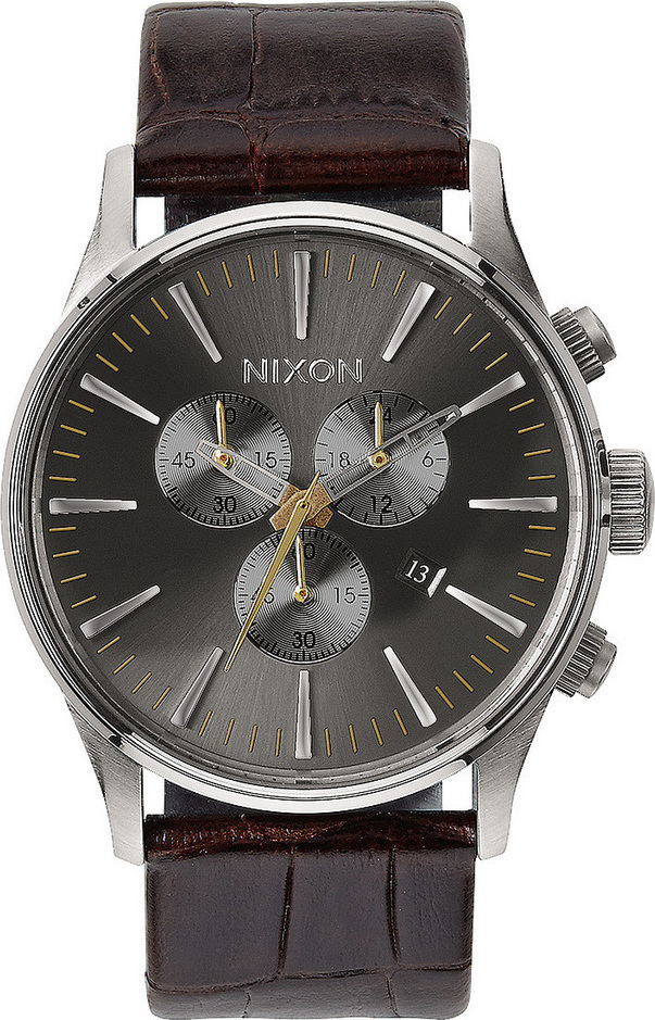 NIXON The Sentry Chronograph 42mm Silver Stainless Brown Leather Strap A405-1887-00 - 