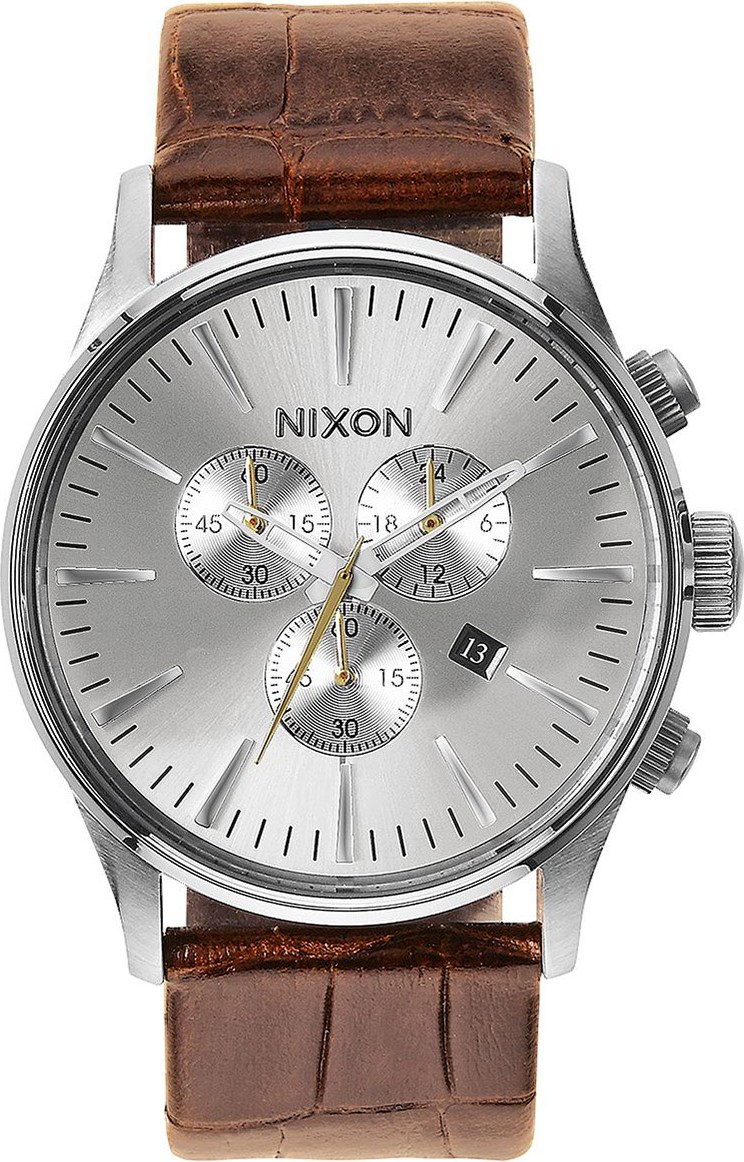 NIXON The Sentry Chronograph 42mm Silver Stainless Brown Leather Strap A405-1888-00 - 