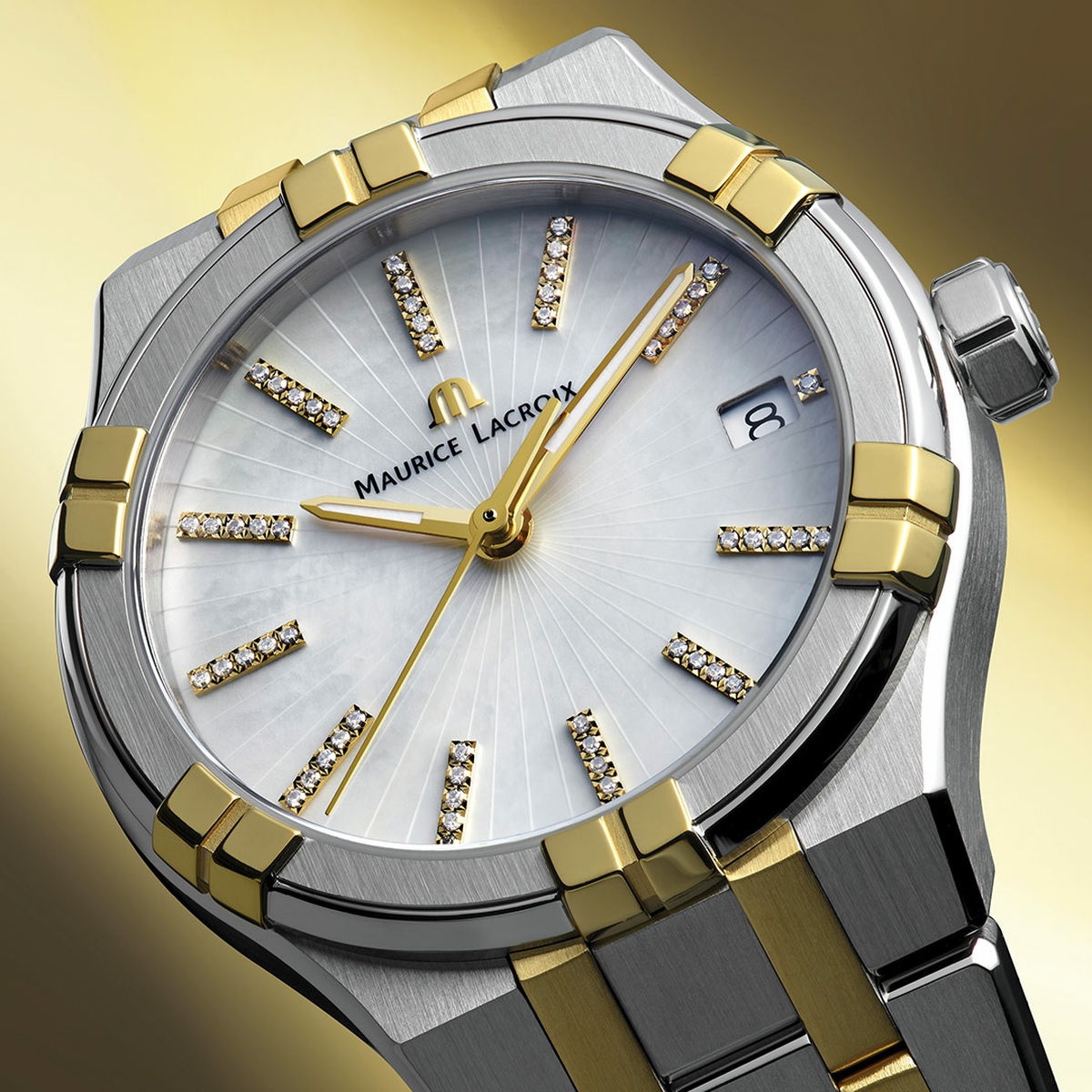 MAURICE LACROIX Aikon Quartz White Pearl Dial with Diamonds 35mm Two Tone Gold Stainless Steel Bracelet AI1106-PVY13-170-1 - 