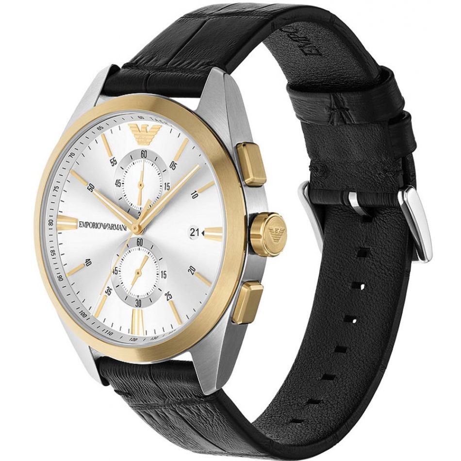 EMPORIO ARMANI Claudio Chronograph Silver Dial 43mm Two Tone Gold Stainless Steel Black Leather Strap AR11498 - 