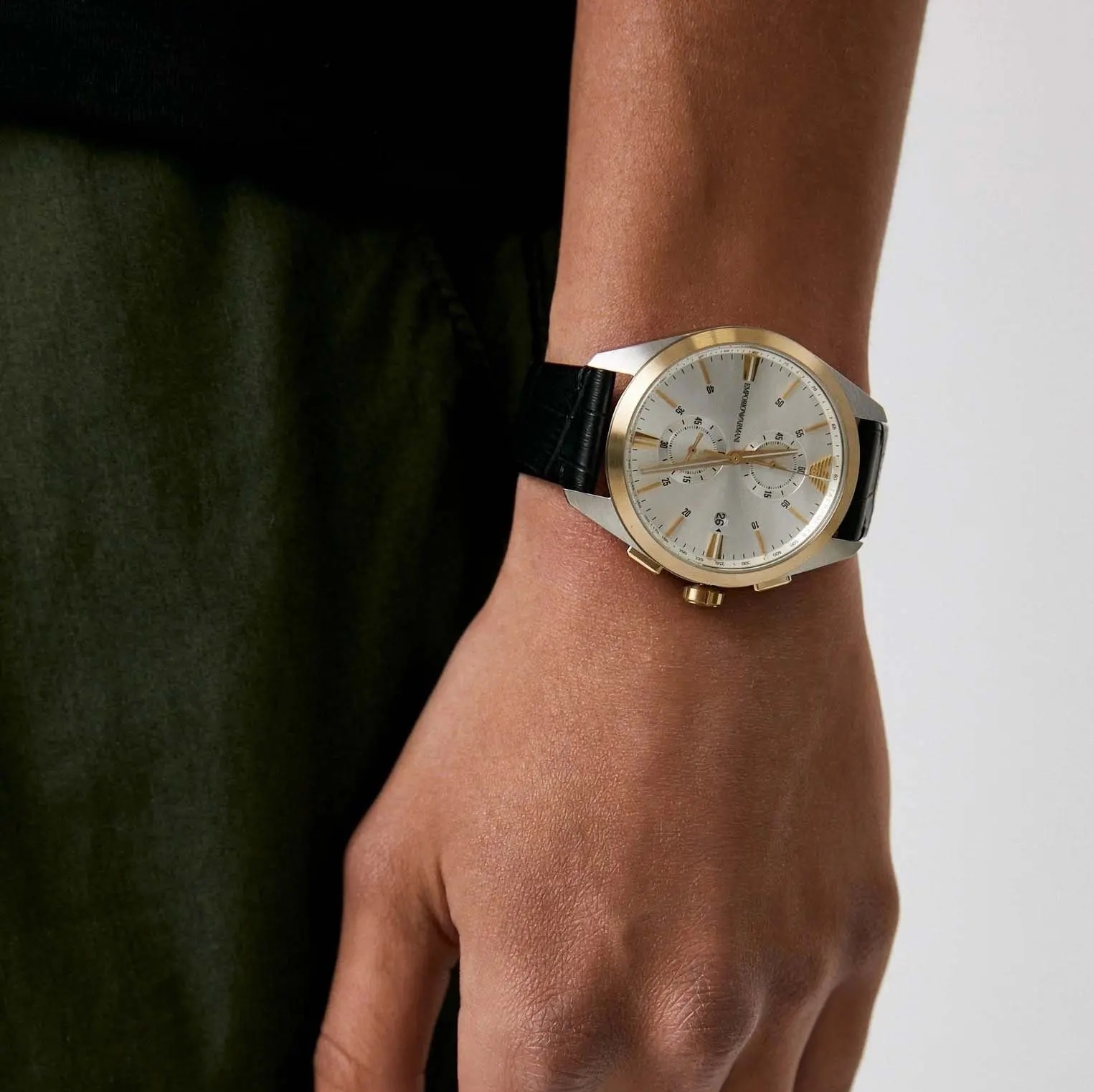EMPORIO ARMANI Claudio Chronograph Silver Dial 43mm Two Tone Gold Stainless Steel Black Leather Strap AR11498 - 5