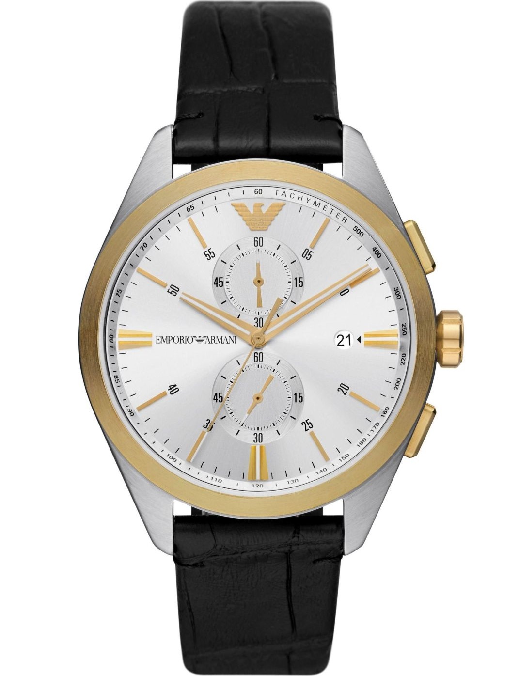 EMPORIO ARMANI Claudio Chronograph Silver Dial 43mm Two Tone Gold Stainless Steel Black Leather Strap AR11498 - 