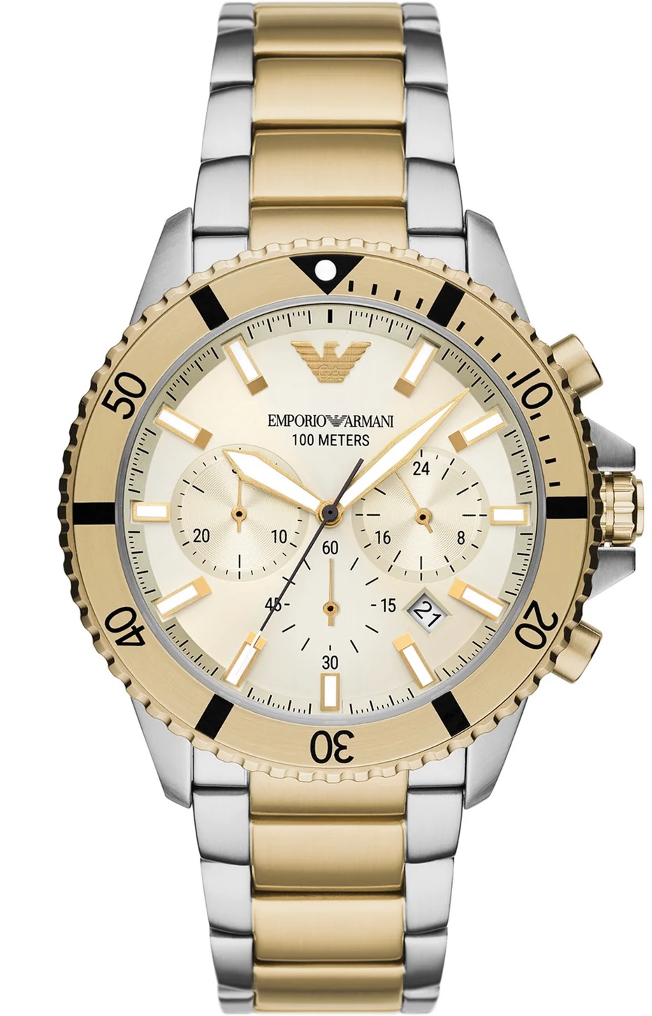 EMPORIO ARMANI Sea Explorer Chronograph Gold Dial 43mm Two Tone Gold Stainless Steel Bracelet AR11606 - 