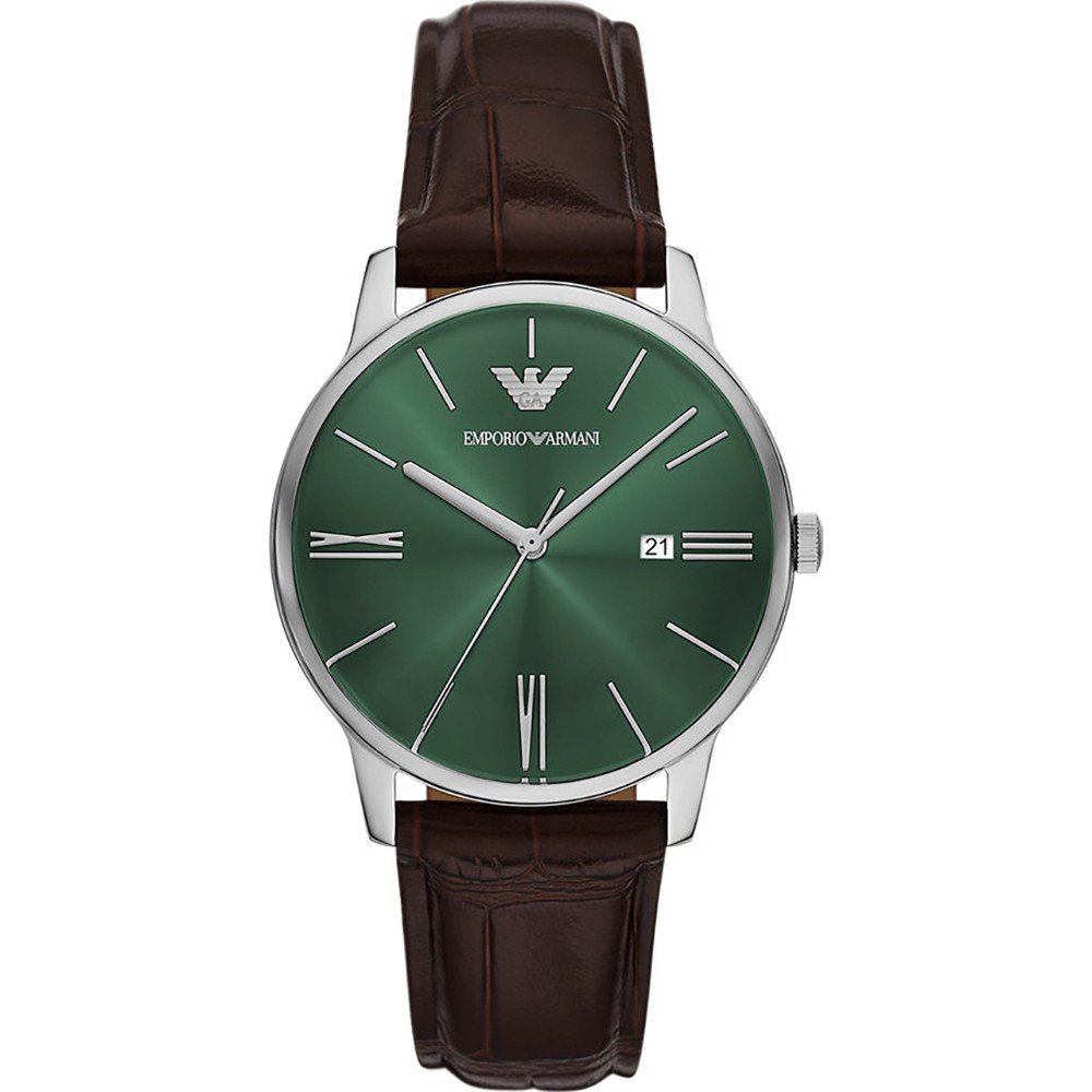 EMPORIO ARMANI Minimalist Green Dial 39mm Silver Stainless Steel Brown Leather Strap AR11672 - 