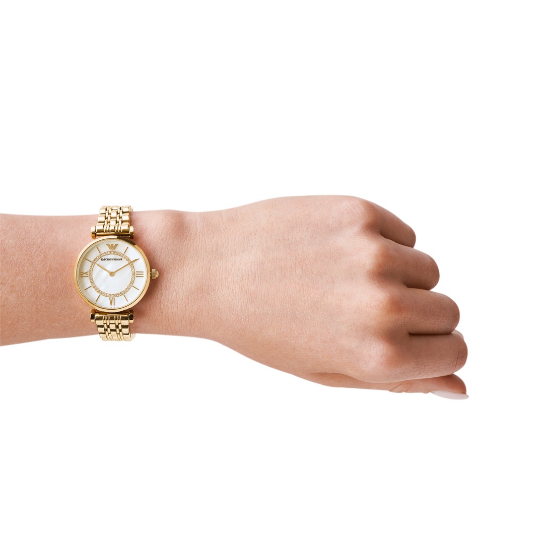 EMPORIO ARMANI Gianni T-Bar White Pearl Dial with Crystals 32mm Gold Stainless Steel Bracelet AR1907 - 4