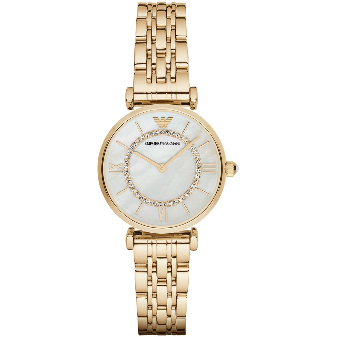 EMPORIO ARMANI Gianni T-Bar White Pearl Dial with Crystals 32mm Gold Stainless Steel Bracelet AR1907 - 