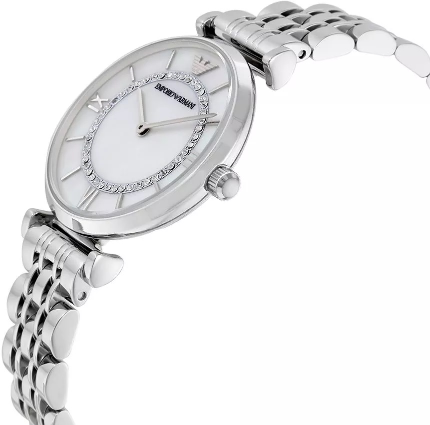 EMPORIO ARMANI Gianni T-Bar White Pearl Dial with Crystals 32mm Silver Stainless Steel Bracelet AR1908 - 