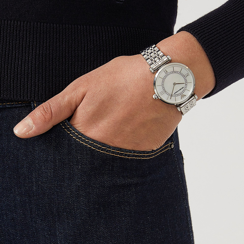 EMPORIO ARMANI Gianni T-Bar White Pearl Dial with Crystals 32mm Silver Stainless Steel Bracelet AR1908 - 7