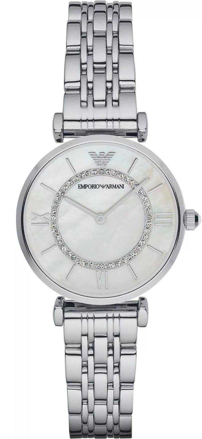 EMPORIO ARMANI Gianni T-Bar White Pearl Dial with Crystals 32mm Silver Stainless Steel Bracelet AR1908 - 