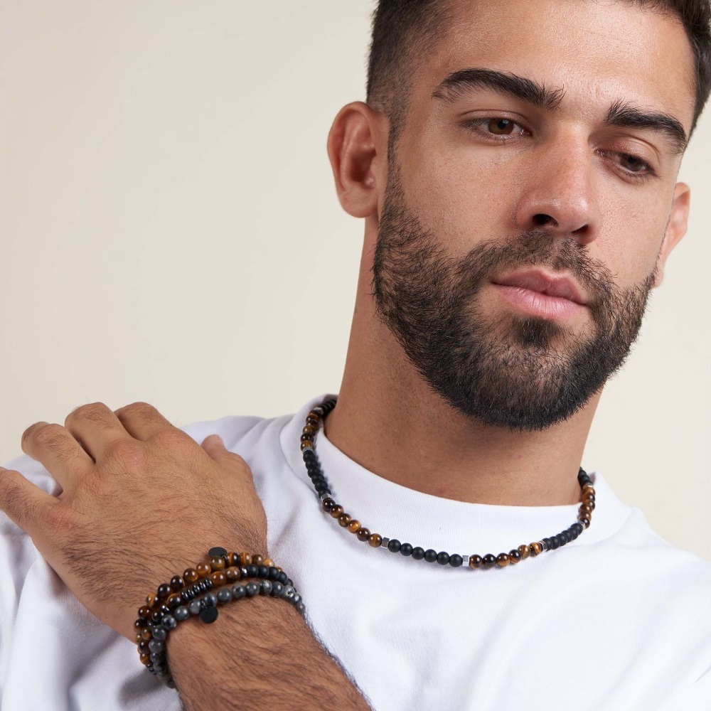 NECKLACE Men's LISKA from Stainless Steel with Tiger's Eye BALI048CL-T - 