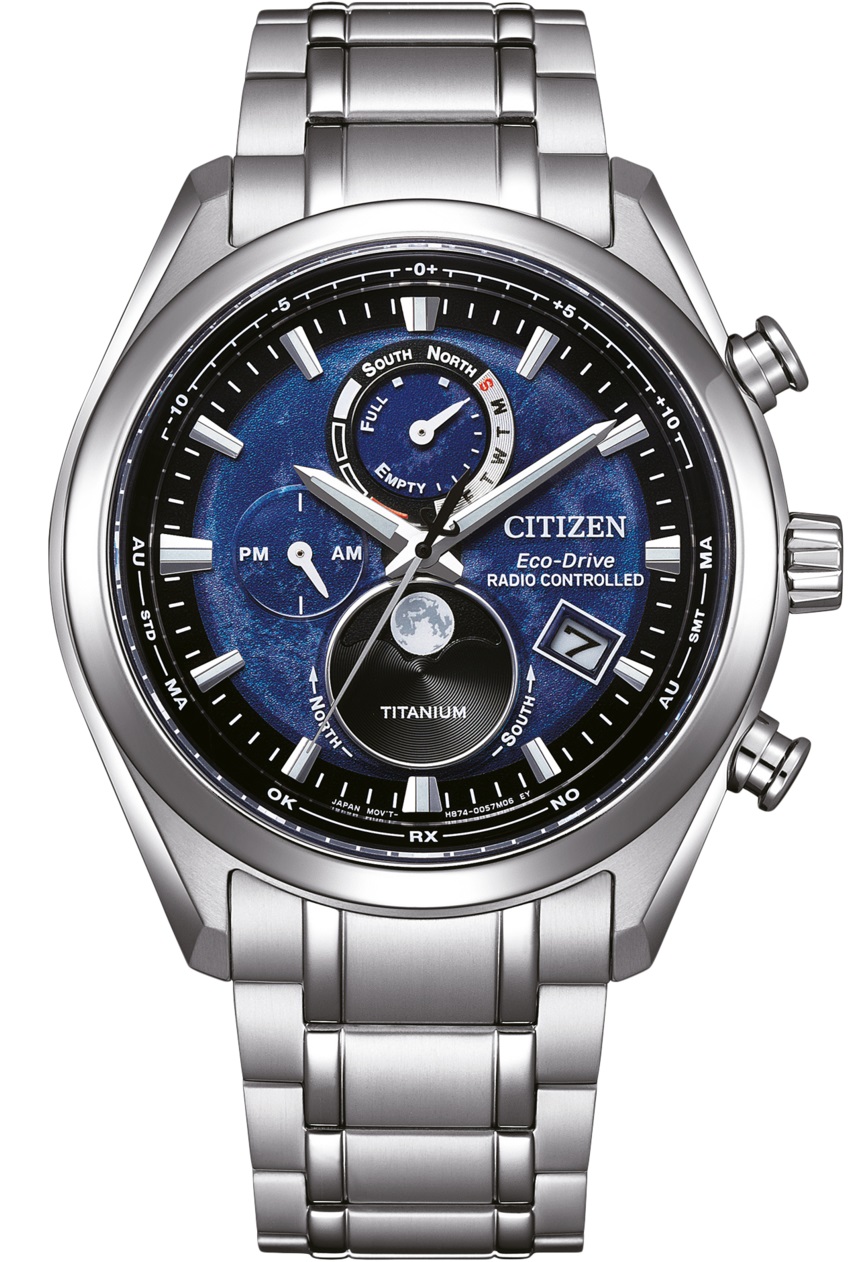 CITIZEN Eco-Drive Radio Controlled Moonphase Multifunction Blue Dial 43mm Super Titanium Bracelet BY1010-81L - 