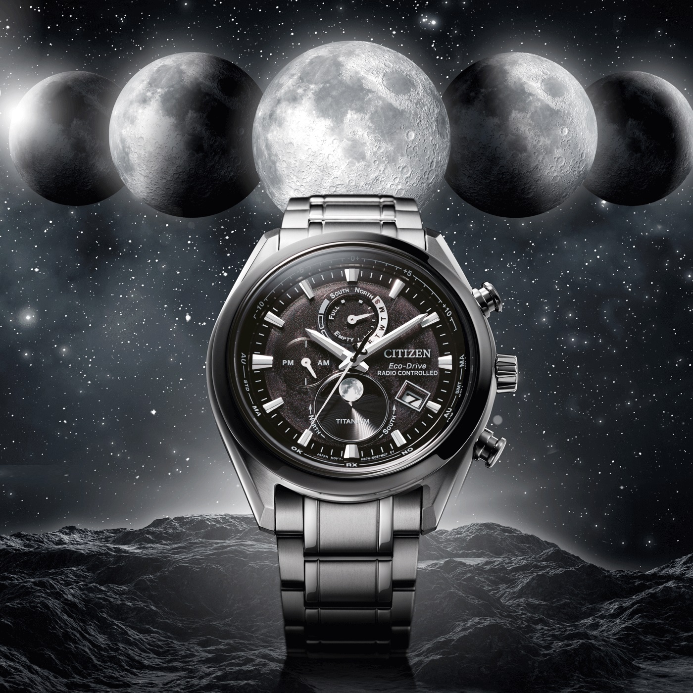 CITIZEN Tsuki-Yomi Eco-Drive Radio Controlled Moonphase Multifunction Black Dial 43mm Super Titanium Bracelet BY1018-80E - 4