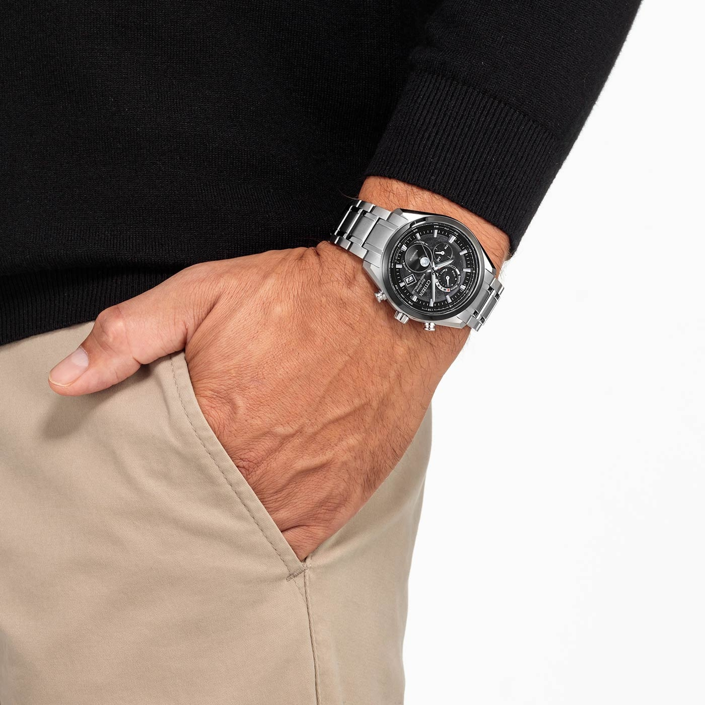 CITIZEN Tsuki-Yomi Eco-Drive Radio Controlled Moonphase Multifunction Black Dial 43mm Super Titanium Bracelet BY1018-80E - 3