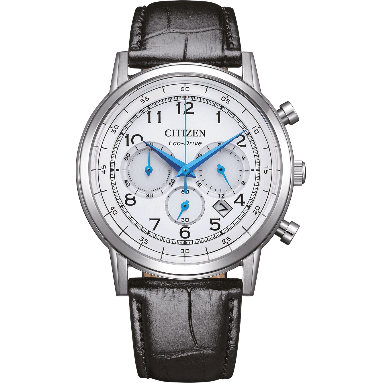 CITIZEN Classic Chronograph Eco-Drive White Dial 42mm Silver Stainless Steel Black Leather Strap CA4630-02A - 
