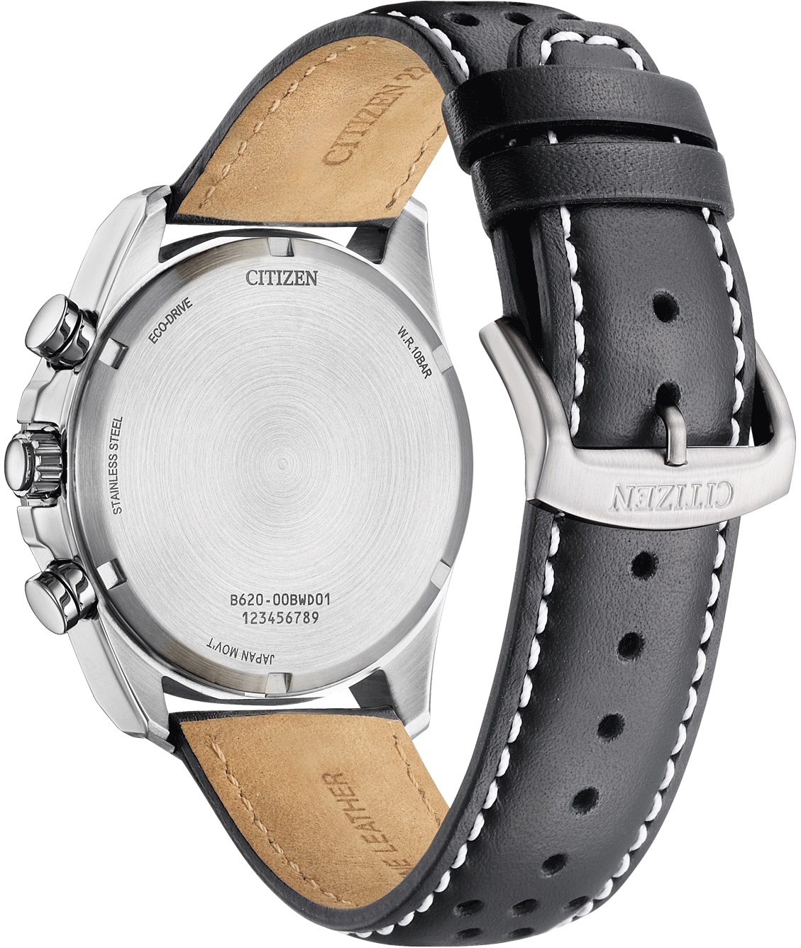 CITIZEN Vintage Chronograph Eco-Drive White Dial 41mm Silver Stainless Steel Black Leather Strap CA4640-09A - 3