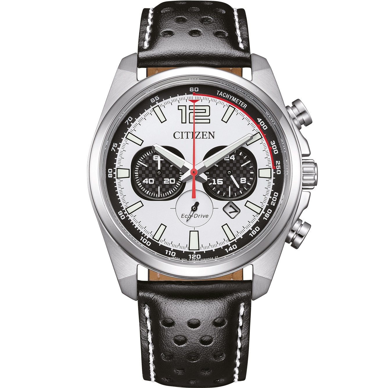 CITIZEN Vintage Chronograph Eco-Drive White Dial 41mm Silver Stainless Steel Black Leather Strap CA4640-09A - 