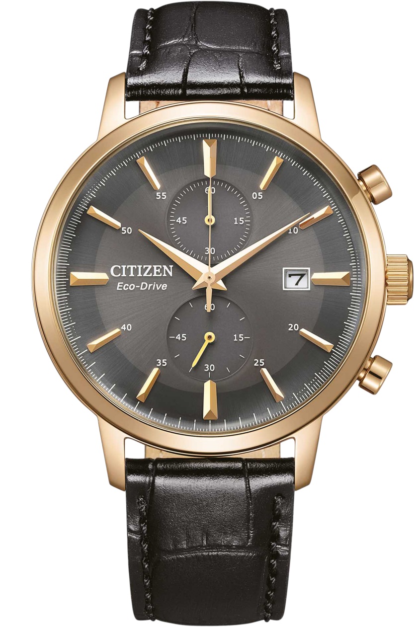 CITIZEN Eco-Drive Classic Chronograph Grey Dial 42mm Rose Gold Stainless Steel Black Leather Strap CA7067-11H - 