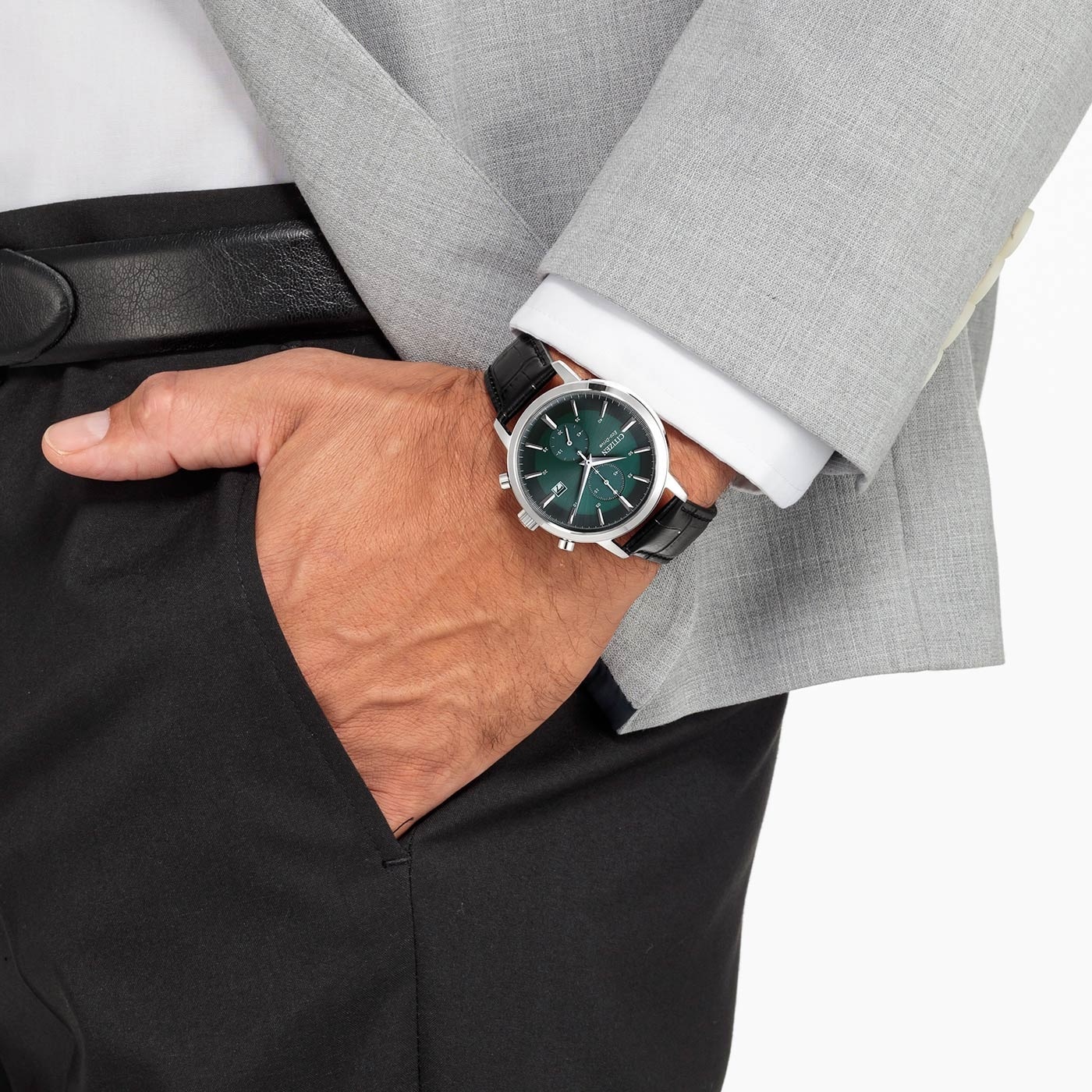 CITIZEN Eco-Drive Classic Chronograph Forest Green Dial 42mm Silver Stainless Steel Black Leather Strap CA7069-24X - 5
