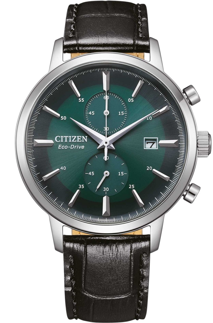 CITIZEN Eco-Drive Classic Chronograph Forest Green Dial 42mm Silver Stainless Steel Black Leather Strap CA7069-24X - 
