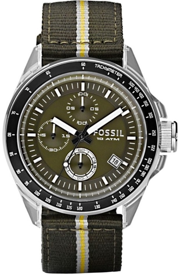 FOSSIL Decker Chronograph 42mm Silver Translucent Case Green Fabric Strap CH2700 - 