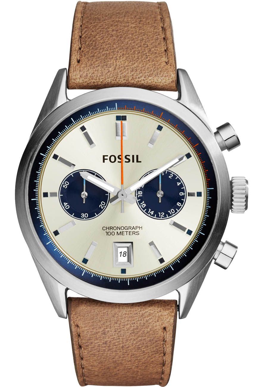FOSSIL Rey Chronograph 43mm Silver Stainless Steel Brown Leather Strap CH2952  - 
