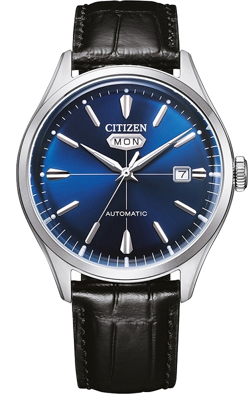 CITIZEN Crystal Seven Automatic Blue Dial 40.2mm Silver Stainless Steel Black Leather Strap NH8390-20L - 