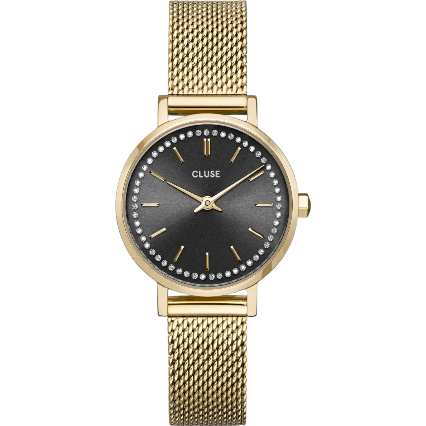 CLUSE Boho Chic Petite Dark Grey Dial with Crystals 28mm Gold Stainless Steel Mesh Bracelet CW10501 - 