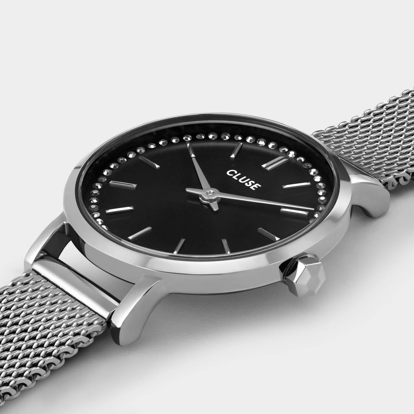CLUSE Boho Chic Petite Dark Black Dial with Crystals 28mm Silver Stainless Steel Mesh Bracelet CW10502 - 3