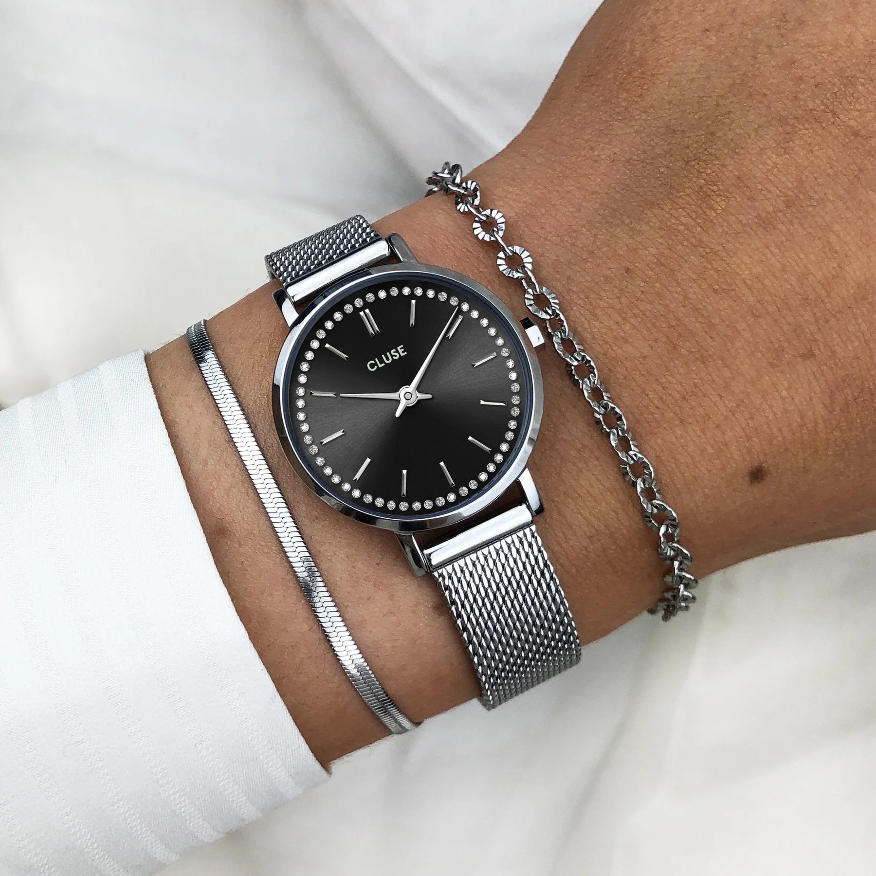 CLUSE Boho Chic Petite Dark Black Dial with Crystals 28mm Silver Stainless Steel Mesh Bracelet CW10502 - 4