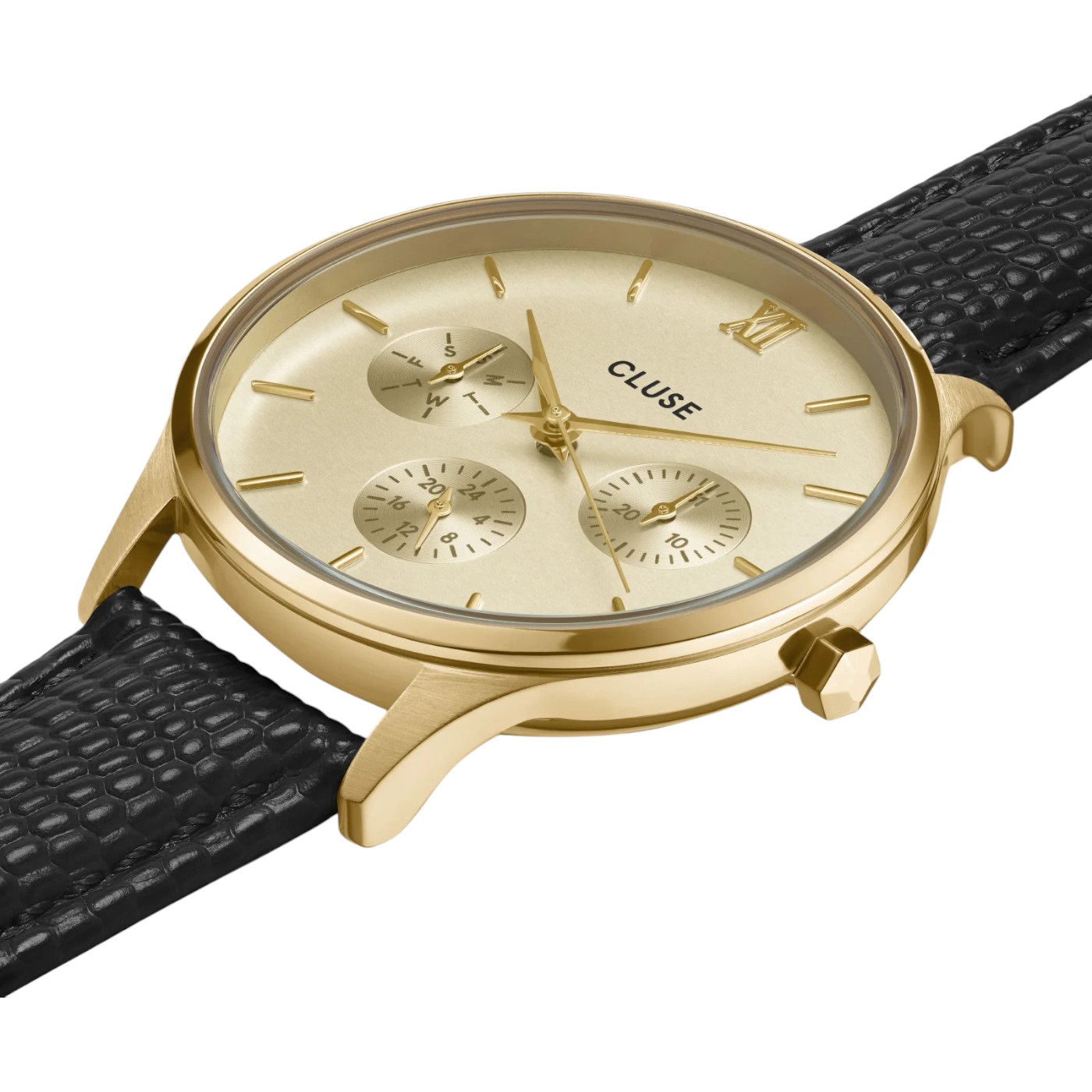 CLUSE Minuit Multifunction Gold Dial 34mm Gold Stainless Steel Bracelet Black Leather Strap CW10705 - 