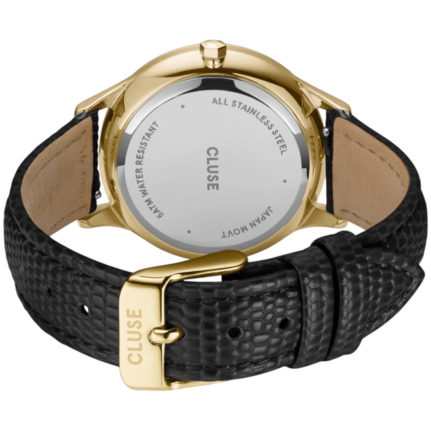 CLUSE Minuit Multifunction Gold Dial 34mm Gold Stainless Steel Bracelet Black Leather Strap CW10705 - 3