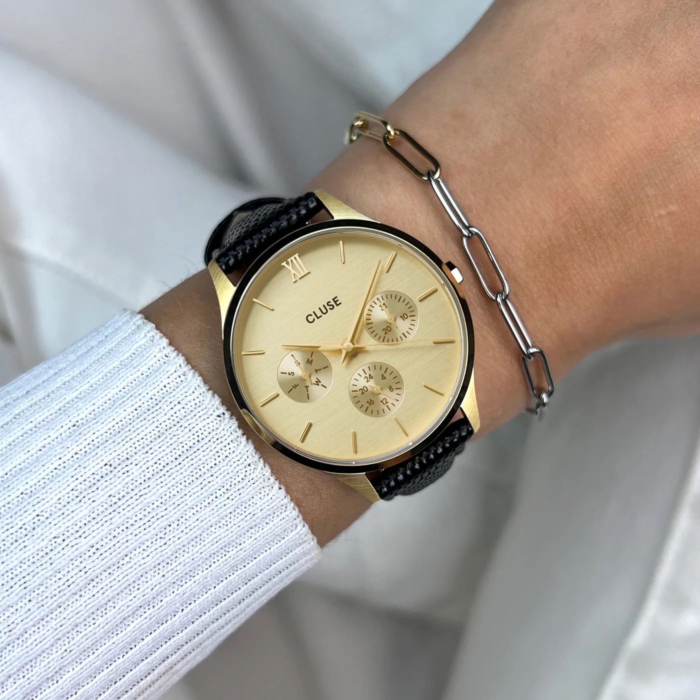 CLUSE Minuit Multifunction Gold Dial 34mm Gold Stainless Steel Bracelet Black Leather Strap CW10705 - 4