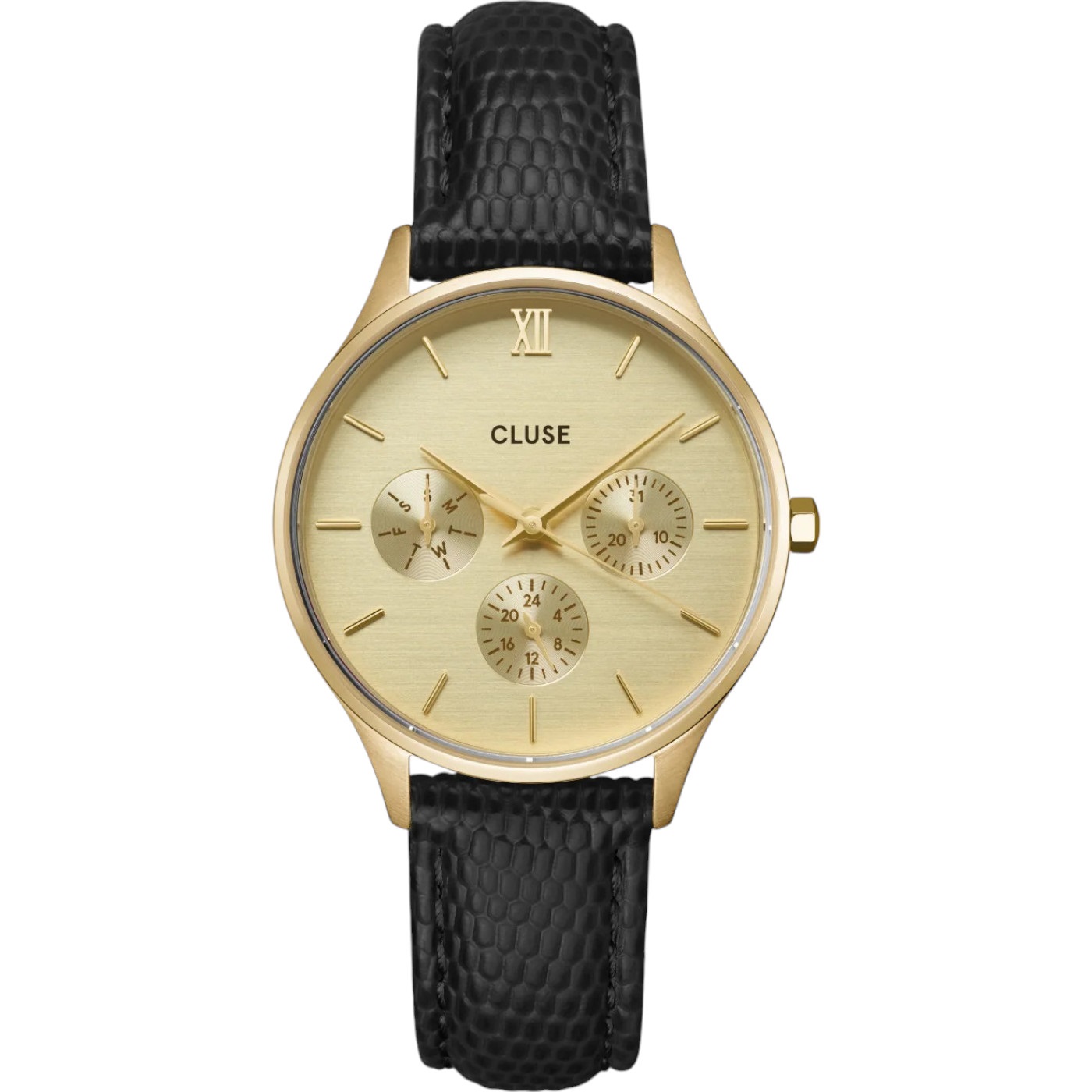 CLUSE Minuit Multifunction Gold Dial 34mm Gold Stainless Steel Bracelet Black Leather Strap CW10705 - 