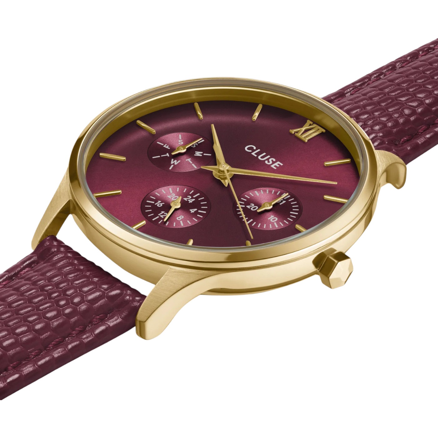 CLUSE Minuit Multifunction Red Dial 34mm Gold Stainless Steel Bracelet Red Leather Strap CW10706 - 