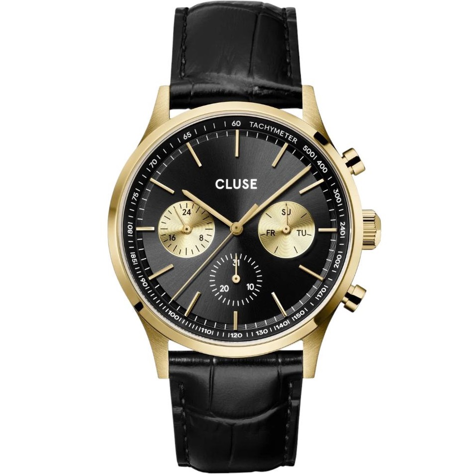 CLUSE Anthéor Multifunction Black Dial 42mm Gold Stainless Steel Black Leather Strap CW21004 - 