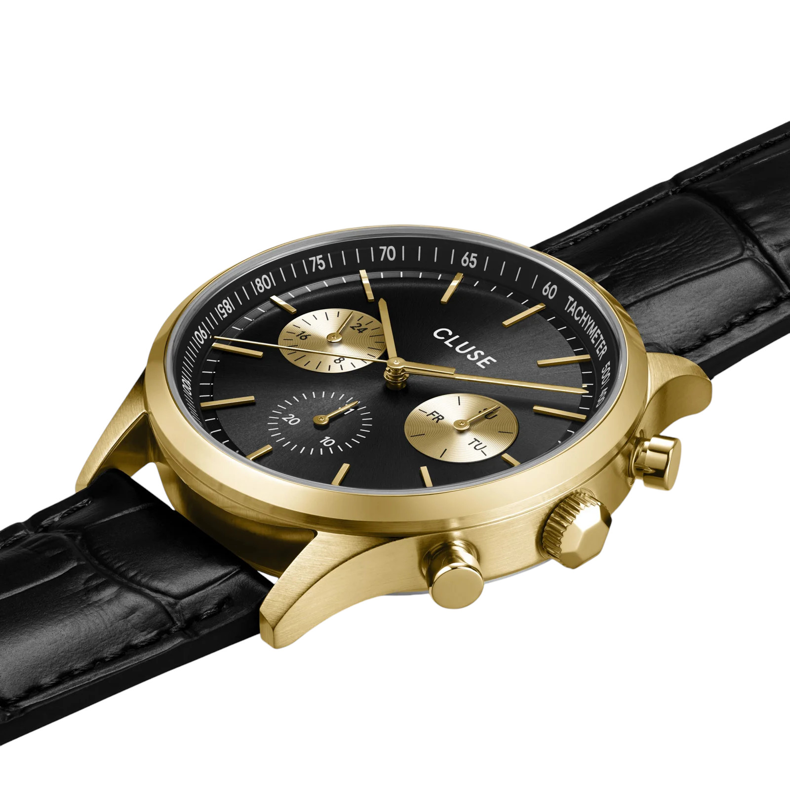 CLUSE Anthéor Multifunction Black Dial 42mm Gold Stainless Steel Black Leather Strap CW21004 - 